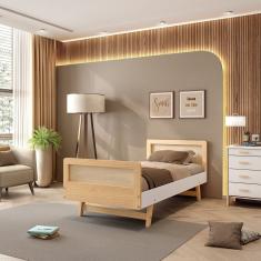 Cama Solteiro Lift Em Madeira Maciça Com Rattan Casatema Branco-natural