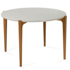 Mesa De Jantar Madrid Univ Redonda 110 Cm Tampo Madeira Vidro Colado Off White Base Madeira Amêndoa