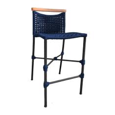 Banqueta Em Corda Náutica Base Em Alumínio Preta Com Detalhe Em Madeira Azul Marinho Azul