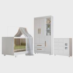 Quarto de Bebê com Berço Mini Cama, Cômoda 1 Porta 4 Gavetas e Roupeiro Flocos 3 Portas 2