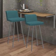 Kit Mesa Suspensa de Parede Fixa mdf Carvalho + 2 Banquetas Lexi Ferro Prata Suede Azul Turquesa - Ahazzo Móveis