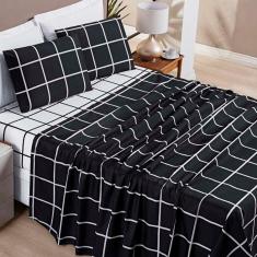Jogo De Lençol Minimalista King 4 Peças Percal 200 Fios Quadriculado - Preto - 100% Poliéster