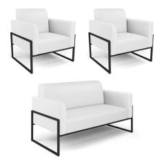 Sofá Namoradeira com 2 Poltronas Base Industrial Alta Preto Marisa mat