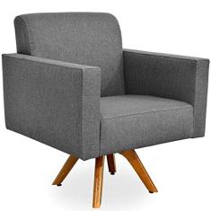 Poltrona Decorativa Giratória Para Sala de Estar Base de Madeira Helô L02 Linho Chumbo - Lyam Decor