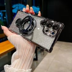 ZXDK Capa com suporte magnético com glitter para Samsung Galaxy S25 S24 S23 S22 Ultra S24 Plus compatível com Magsafe, com protetor de lente de câmera, capa transparente à prova de choque militar