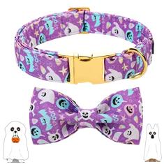 Coleira de Halloween Maca Bates com gravata borboleta chique para meninas, meninos, estampa de fantasma assustador, roxo, coleiras duráveis ajustáveis para filhotes machos, fêmeas, animais de