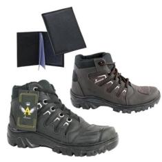 Kit 2 Botas de Motoqueiro Tenis Preto Adventure Costurada e Porta Cartão-Unissex