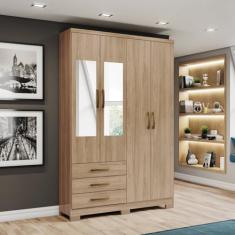 Guarda-roupa Solteiro 4 Portas 3 Gavetas com Espelho Caju Jequitibá Brilho