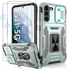 Gritup Capa para Galaxy-S21 com capa deslizante para câmera + [2 protetores de tela HD], suporte de anel giratório de metal 360°, capa protetora à prova de choque de grau militar para Samsung Galaxy