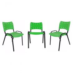 Kit 3 Cadeiras Iso para Escola Escritório Comércio Verde Base Preta