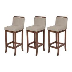 Kit 3 Banquetas Alta com Encosto Turim Madeira Capuccino Suede Bege CC