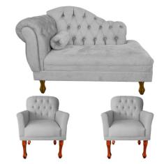 Kit Divã Recamier Sofá 120cm + 2 Poltronas P/ Sala De Espera - Suede -