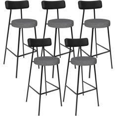 Kit 05 Banquetas Alta Cozinha Sala Jantar Milão L02 Couríssimo Preto Linho Cinza Escuro - Lyam Decor