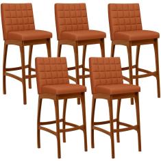 Kit 05 Banquetas Altas Mila L02 Assento em Tecido Base Fixa com Encosto para Cozinha