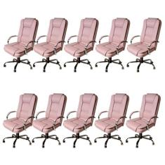 Kit 10 Cadeiras De Escritório Presidente Em Corino Base Cromada Euro Rose