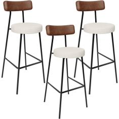 Kit 03 Banquetas Alta Cozinha Sala Jantar Milão L02 Couríssimo Marrom Linho Champagne - Lyam Decor