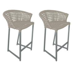 Kit 2 Banquetas Reis Em Corda Náutica E Base Em Alumínio Cinza Para área Gourmet Externa Areia Bege