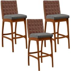 Kit 03 Banquetas Altas Mila B04 Marrom Linho Cinza Escuro
