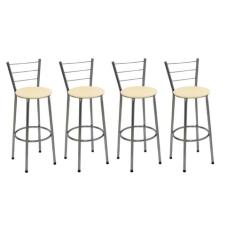 Kit 4 Banquetas Altas Cromada com Encosto Assento Bege - Jaddi