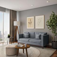 Sofá 2 Lugares Turquia Base de Madeira Linho Cotton Cinza