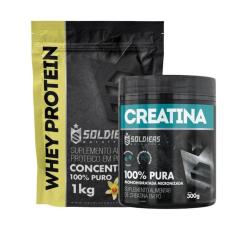 Kit: Whey Protein Concentrado 1Kg + Creatina Monohidratada Pote 300g - 100% Pura Importada - Soldier-Unissex