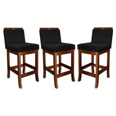 Kit 3 Banquetas Turim Assento 60 Cm Madeira Castanho Suede - CCS Inter