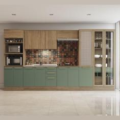 Kit Cozinha Completa Modulada Balcão Para Pia Armário Paneleiro Cristaleira Marrom Madeira Verde
