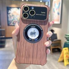 Capa luxuosa de textura de grão de madeira magnética para iPhone 11 12 13 14 Pro Max 14 Plus Capa à prova de choque de proteção de câmera, MARROM CAFÉ, para iPhone 12