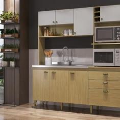 Cozinha Compacta Donna 8 Portas 2 Gavetas com Nichos e com Espaço Forno e Micro-ondas 186,5cm Louro Freijó/Off White