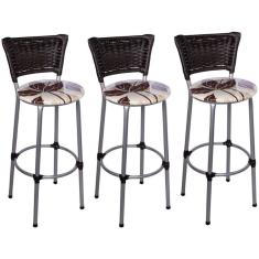 Kit 3 Banquetas Altas Prata com Encosto Junco Argila Assento Floral Marrom