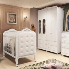 Quarto de Bebê com Berço Mini Cama com capitonê e Guarda Roupa 100 MDF Elô New Noah Móveis Peroba