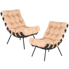 Kit 2 Poltronas Costela Sala de Estar Couro Bege Preto Lyam Decor