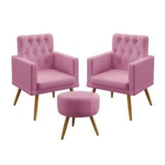 Kit 2 Poltronas Decorativas Nina e Puff Solar Com Rodapé E Botões Capi