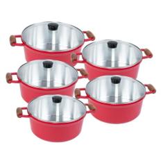 Jogo de Panelas 5 Peças Cava Alumínio Fundido Vermelho Alça de Madeira e Tampas de Vidro