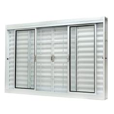 Janela de Aço Veneziana Central 100x150cm 6 Folhas com Grade Quadriculada e Vidro Liso Qualitysol Ramassol Branco