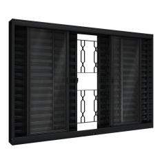 Janela de Aço Veneziana de Correr Central com Grade Mosaico 6 Folhas 100x150cm Aço Pronto Riobras Preto