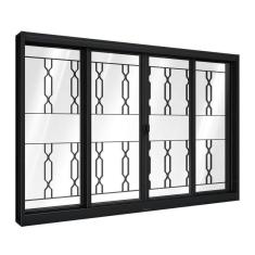 Janela de Aço de Correr Central com Grade Mosaico 4 Folhas 100x120cm Aço Pronto Riobras Preto