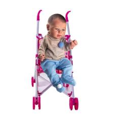 Kit Boneca Bebê Reborn Menino Azul + Carrinho de Boneca Rosa - DM Toys