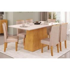 Mesa p/ Cozinha Dulce Tampo Madeirado c/ Vidro Reto 180x90cm e 6 Cadei