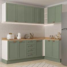 Cozinha Modulada 6 Peças 3 Armários Aéreos e Nichos, 3 Balcões Cabecasa Madeiramadeira Verde Menta/branco