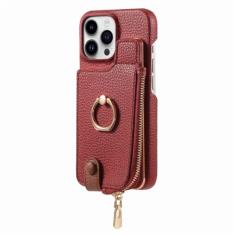 Carteira de couro com zíper com porta-cartões capa de telefone para iPhone 13 12 Mini 15 14 11 Pro Max XS XR X 7 8 Plus Capa com suporte de anel, vermelha, para iPhone 15Pro Max