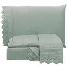 Jogo De Cama Lençol Realce Queen 4 Peças Percal 300 Fios Bordado Inglês Macio - Cinza Chumbo