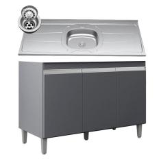 Balcão De Cozinha Com Pia Inox 120cm 3 Portas Manu Cinza - Ajl Móveis