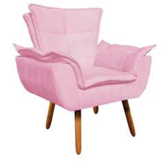 Poltrona Opala Suede Rosa Bebê Pés Palito Castanho D´rossi
