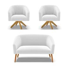 Kit 1 Sofá Namoradeira E 2 Poltronas Stella Bouclê Base De Madeira Ma30 - D'rossi Cor Off White