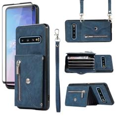 Capa de telefone para Samsung Galaxy S10 capa carteira e protetor de tela de vidro temperado com alça transversal de pulso cordão suporte para cartão de crédito celular de couro S 10 Edge 10S GS10 X10