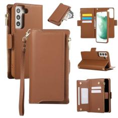 Capa carteira para Samsung Galaxy S21 FE, bolso com zíper magnético [destacável] capa de couro com compartimentos para cartões e dinheiro, [bloqueio RFID] Capa com alça de pulso e cordão para