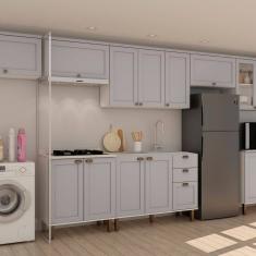 Cozinha Modulada Completa com Aérea de Serviço Integrada 100% Mdf com Tampo Impermeável Branco/Cinza
