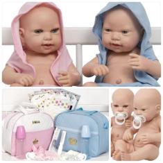 Boneca Reborn Gemeos Casal Com Bolsa Enxoval Corpo de Vinil - Cegonha 