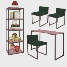 Kit Escritório Ravi 3 Cadeiras Suede Verde com 1 Mesa e 1 Livreiro Ferro Marrom mdf Rose Rosa - Ahazzo Móveis